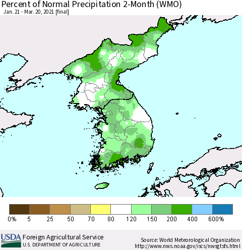 Korea Percent of Normal Precipitation 2-Month (WMO) Thematic Map For 1/21/2021 - 3/20/2021