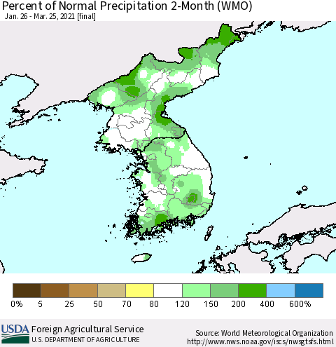 Korea Percent of Normal Precipitation 2-Month (WMO) Thematic Map For 1/26/2021 - 3/25/2021