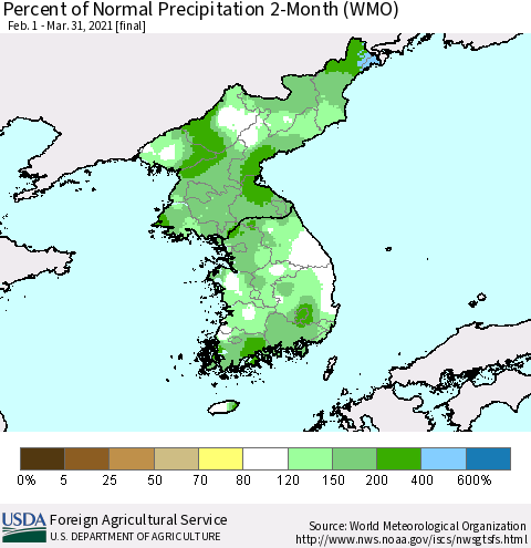 Korea Percent of Normal Precipitation 2-Month (WMO) Thematic Map For 2/1/2021 - 3/31/2021
