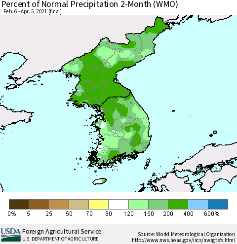 Korea Percent of Normal Precipitation 2-Month (WMO) Thematic Map For 2/6/2021 - 4/5/2021
