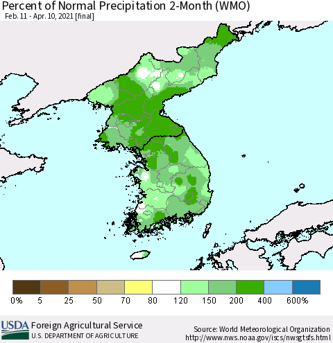 Korea Percent of Normal Precipitation 2-Month (WMO) Thematic Map For 2/11/2021 - 4/10/2021
