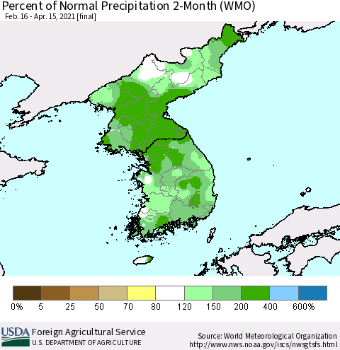 Korea Percent of Normal Precipitation 2-Month (WMO) Thematic Map For 2/16/2021 - 4/15/2021
