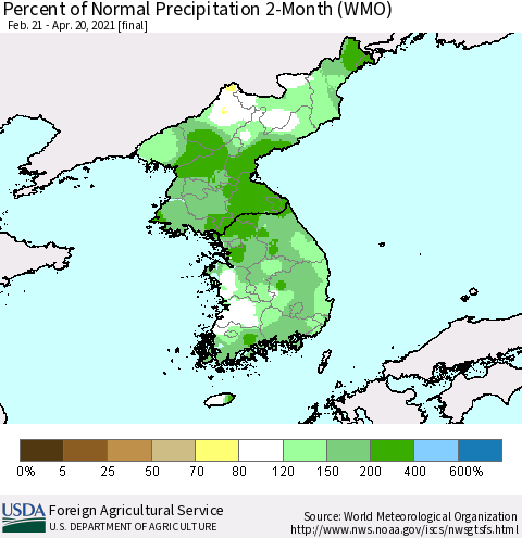 Korea Percent of Normal Precipitation 2-Month (WMO) Thematic Map For 2/21/2021 - 4/20/2021