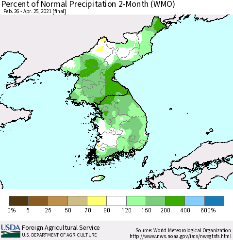 Korea Percent of Normal Precipitation 2-Month (WMO) Thematic Map For 2/26/2021 - 4/25/2021