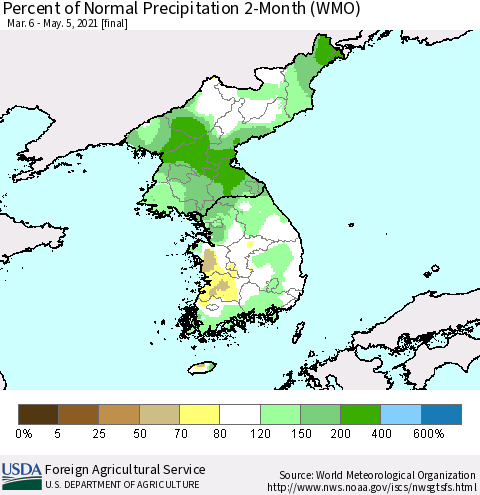 Korea Percent of Normal Precipitation 2-Month (WMO) Thematic Map For 3/6/2021 - 5/5/2021