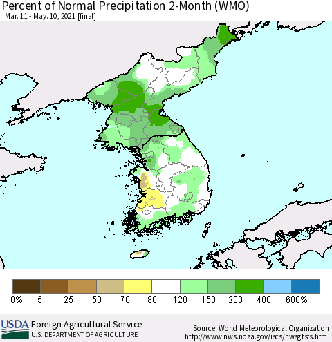 Korea Percent of Normal Precipitation 2-Month (WMO) Thematic Map For 3/11/2021 - 5/10/2021