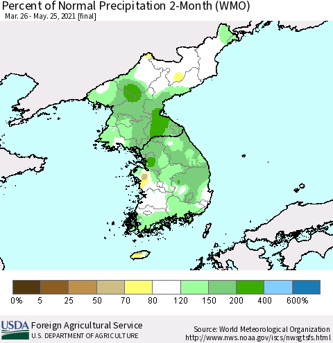 Korea Percent of Normal Precipitation 2-Month (WMO) Thematic Map For 3/26/2021 - 5/25/2021