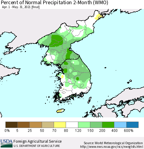Korea Percent of Normal Precipitation 2-Month (WMO) Thematic Map For 4/1/2021 - 5/31/2021