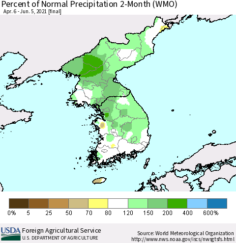 Korea Percent of Normal Precipitation 2-Month (WMO) Thematic Map For 4/6/2021 - 6/5/2021