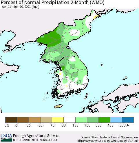 Korea Percent of Normal Precipitation 2-Month (WMO) Thematic Map For 4/11/2021 - 6/10/2021