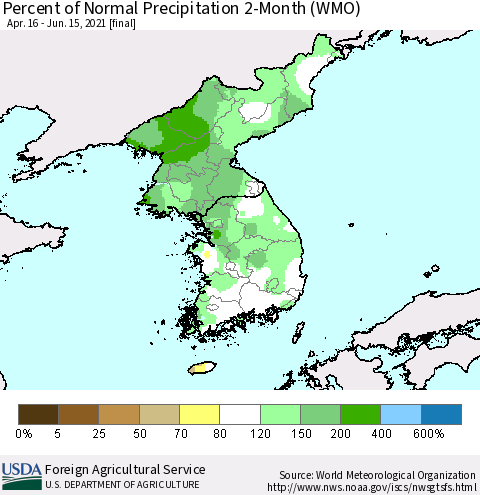 Korea Percent of Normal Precipitation 2-Month (WMO) Thematic Map For 4/16/2021 - 6/15/2021