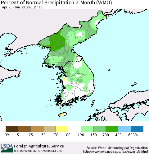 Korea Percent of Normal Precipitation 2-Month (WMO) Thematic Map For 4/21/2021 - 6/20/2021