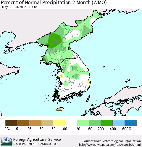 Korea Percent of Normal Precipitation 2-Month (WMO) Thematic Map For 5/1/2021 - 6/30/2021