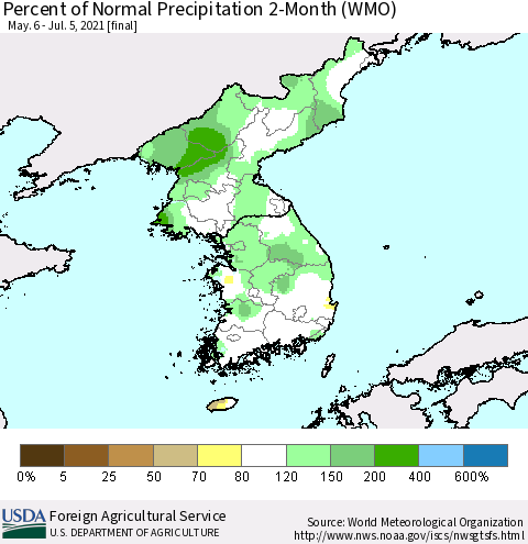 Korea Percent of Normal Precipitation 2-Month (WMO) Thematic Map For 5/6/2021 - 7/5/2021