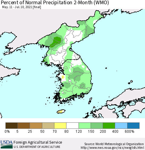 Korea Percent of Normal Precipitation 2-Month (WMO) Thematic Map For 5/11/2021 - 7/10/2021