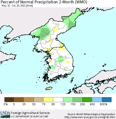 Korea Percent of Normal Precipitation 2-Month (WMO) Thematic Map For 5/21/2021 - 7/20/2021