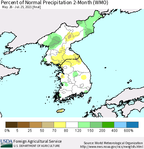 Korea Percent of Normal Precipitation 2-Month (WMO) Thematic Map For 5/26/2021 - 7/25/2021