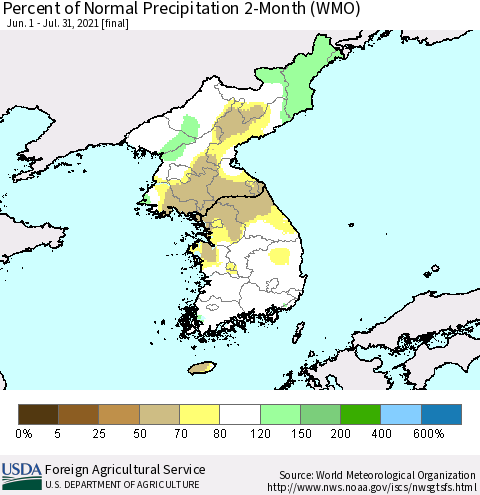 Korea Percent of Normal Precipitation 2-Month (WMO) Thematic Map For 6/1/2021 - 7/31/2021