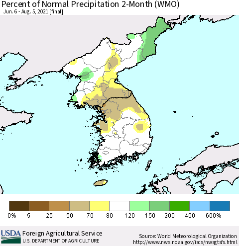 Korea Percent of Normal Precipitation 2-Month (WMO) Thematic Map For 6/6/2021 - 8/5/2021