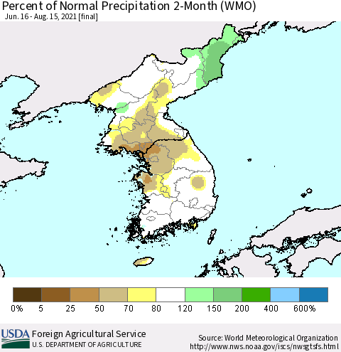 Korea Percent of Normal Precipitation 2-Month (WMO) Thematic Map For 6/16/2021 - 8/15/2021