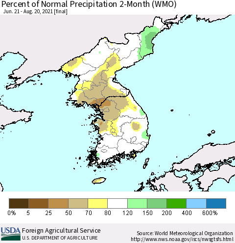 Korea Percent of Normal Precipitation 2-Month (WMO) Thematic Map For 6/21/2021 - 8/20/2021