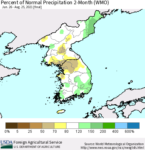 Korea Percent of Normal Precipitation 2-Month (WMO) Thematic Map For 6/26/2021 - 8/25/2021