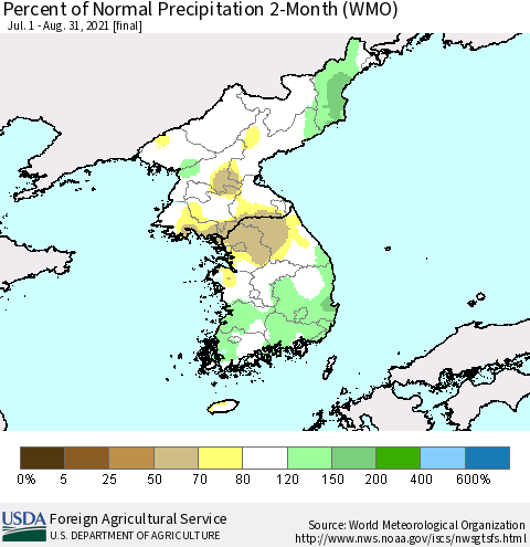 Korea Percent of Normal Precipitation 2-Month (WMO) Thematic Map For 7/1/2021 - 8/31/2021
