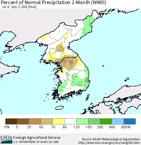 Korea Percent of Normal Precipitation 2-Month (WMO) Thematic Map For 7/6/2021 - 9/5/2021