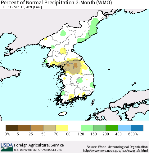 Korea Percent of Normal Precipitation 2-Month (WMO) Thematic Map For 7/11/2021 - 9/10/2021