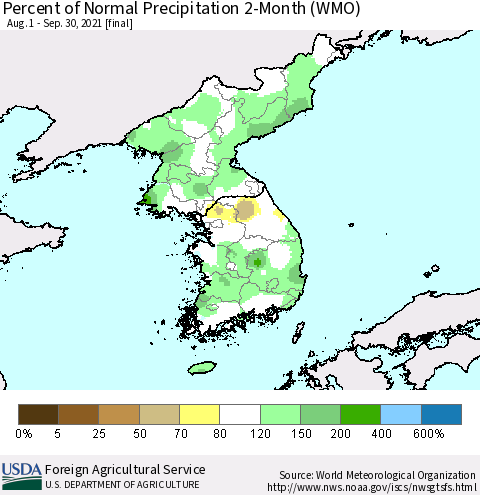 Korea Percent of Normal Precipitation 2-Month (WMO) Thematic Map For 8/1/2021 - 9/30/2021