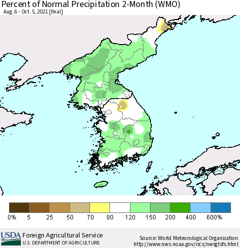 Korea Percent of Normal Precipitation 2-Month (WMO) Thematic Map For 8/6/2021 - 10/5/2021