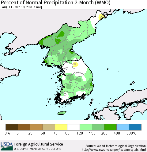 Korea Percent of Normal Precipitation 2-Month (WMO) Thematic Map For 8/11/2021 - 10/10/2021