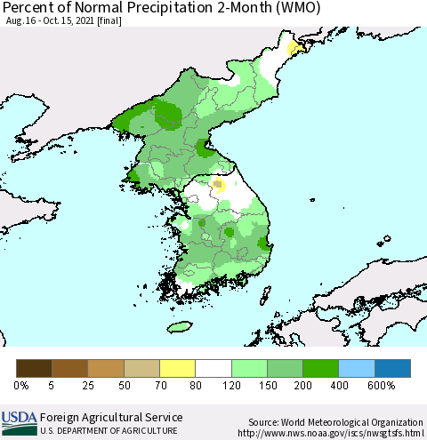 Korea Percent of Normal Precipitation 2-Month (WMO) Thematic Map For 8/16/2021 - 10/15/2021