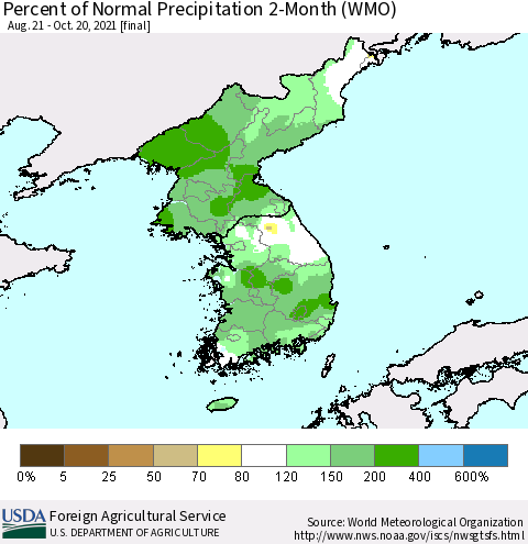 Korea Percent of Normal Precipitation 2-Month (WMO) Thematic Map For 8/21/2021 - 10/20/2021