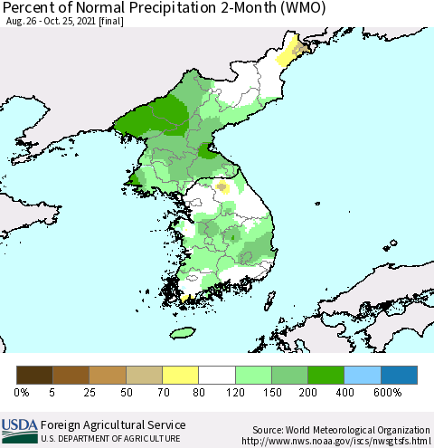 Korea Percent of Normal Precipitation 2-Month (WMO) Thematic Map For 8/26/2021 - 10/25/2021