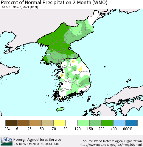 Korea Percent of Normal Precipitation 2-Month (WMO) Thematic Map For 9/6/2021 - 11/5/2021