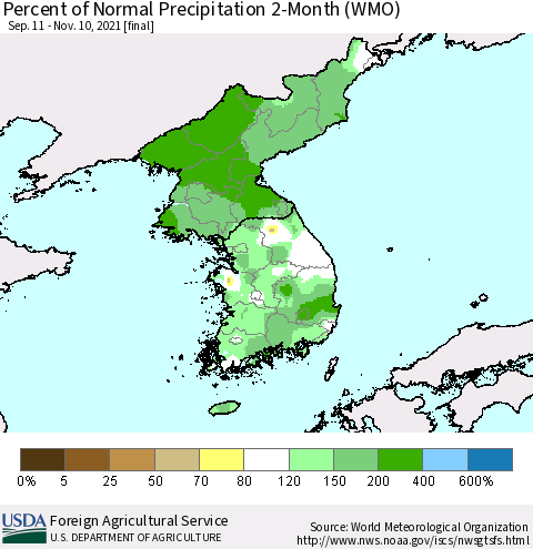 Korea Percent of Normal Precipitation 2-Month (WMO) Thematic Map For 9/11/2021 - 11/10/2021
