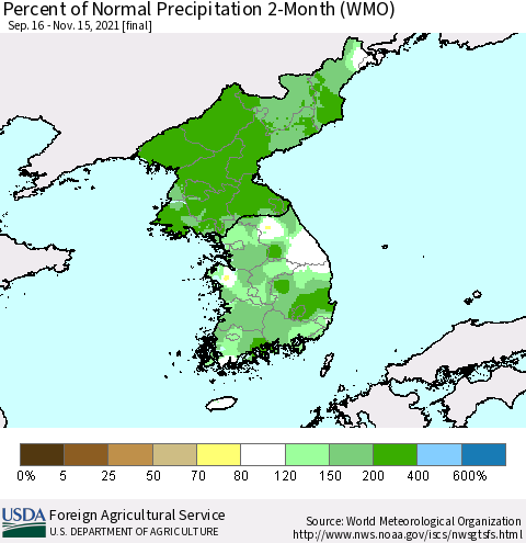 Korea Percent of Normal Precipitation 2-Month (WMO) Thematic Map For 9/16/2021 - 11/15/2021