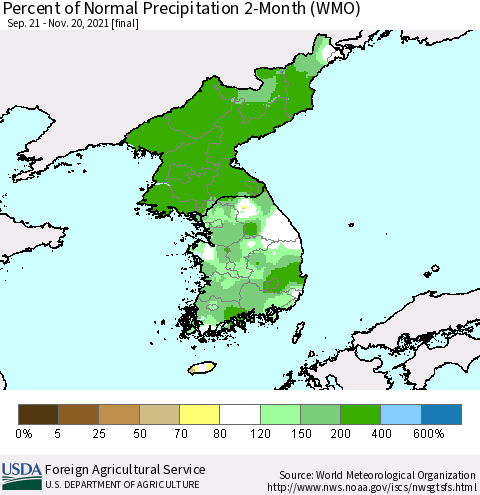 Korea Percent of Normal Precipitation 2-Month (WMO) Thematic Map For 9/21/2021 - 11/20/2021