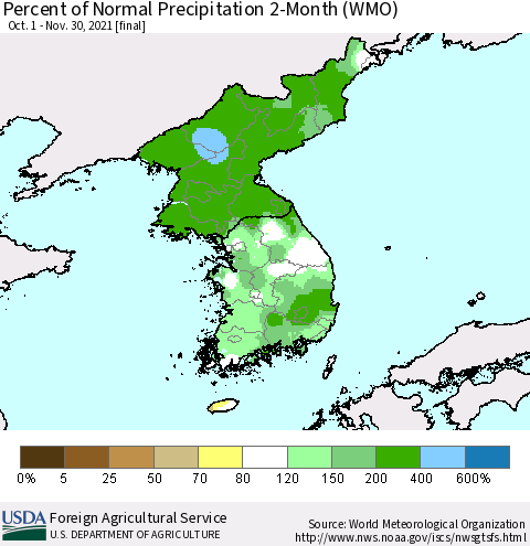 Korea Percent of Normal Precipitation 2-Month (WMO) Thematic Map For 10/1/2021 - 11/30/2021