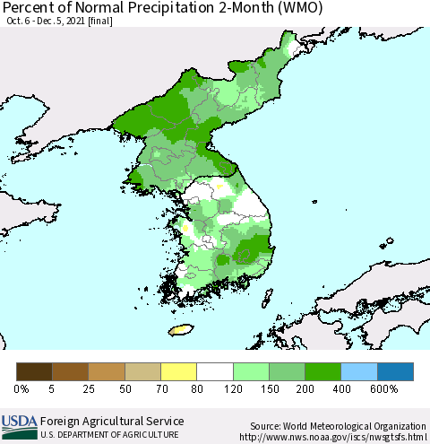 Korea Percent of Normal Precipitation 2-Month (WMO) Thematic Map For 10/6/2021 - 12/5/2021