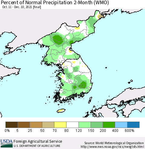 Korea Percent of Normal Precipitation 2-Month (WMO) Thematic Map For 10/11/2021 - 12/10/2021