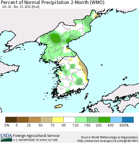 Korea Percent of Normal Precipitation 2-Month (WMO) Thematic Map For 10/16/2021 - 12/15/2021
