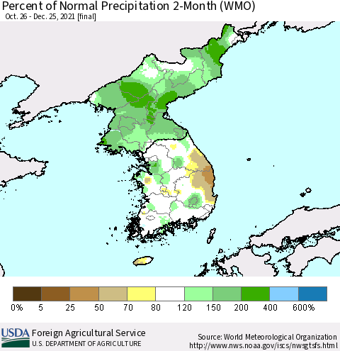 Korea Percent of Normal Precipitation 2-Month (WMO) Thematic Map For 10/26/2021 - 12/25/2021