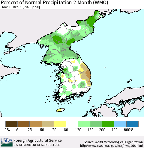 Korea Percent of Normal Precipitation 2-Month (WMO) Thematic Map For 11/1/2021 - 12/31/2021