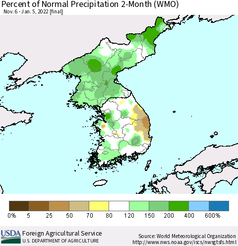 Korea Percent of Normal Precipitation 2-Month (WMO) Thematic Map For 11/6/2021 - 1/5/2022