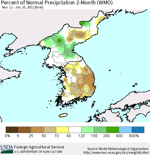 Korea Percent of Normal Precipitation 2-Month (WMO) Thematic Map For 11/11/2021 - 1/10/2022