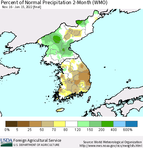 Korea Percent of Normal Precipitation 2-Month (WMO) Thematic Map For 11/16/2021 - 1/15/2022