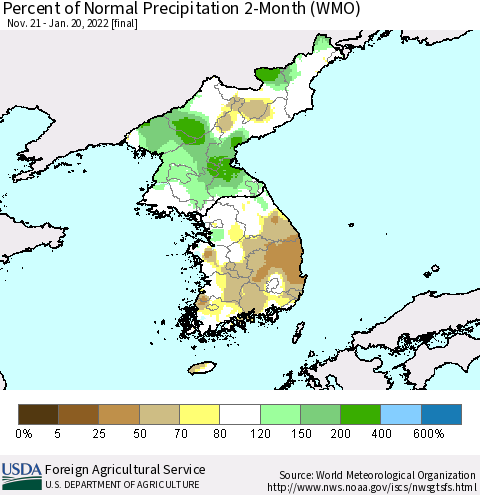 Korea Percent of Normal Precipitation 2-Month (WMO) Thematic Map For 11/21/2021 - 1/20/2022