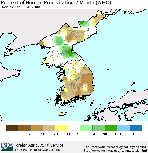 Korea Percent of Normal Precipitation 2-Month (WMO) Thematic Map For 11/26/2021 - 1/25/2022